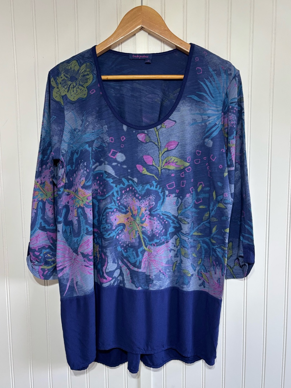Fresh Produce Floral Tunic Top Blue 3/4 Sleeve Cotton Size Large Artsy